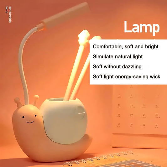 Brighten up your workspace with this adorable Cute Snail USB Charging Desk Lamp, designed to add a touch of whimsy and practicality to your desk. With its modern and simple style, this lamp serves not just as a light source but also as a charming pen holder, making it perfect for organizing your stationery while you work or study