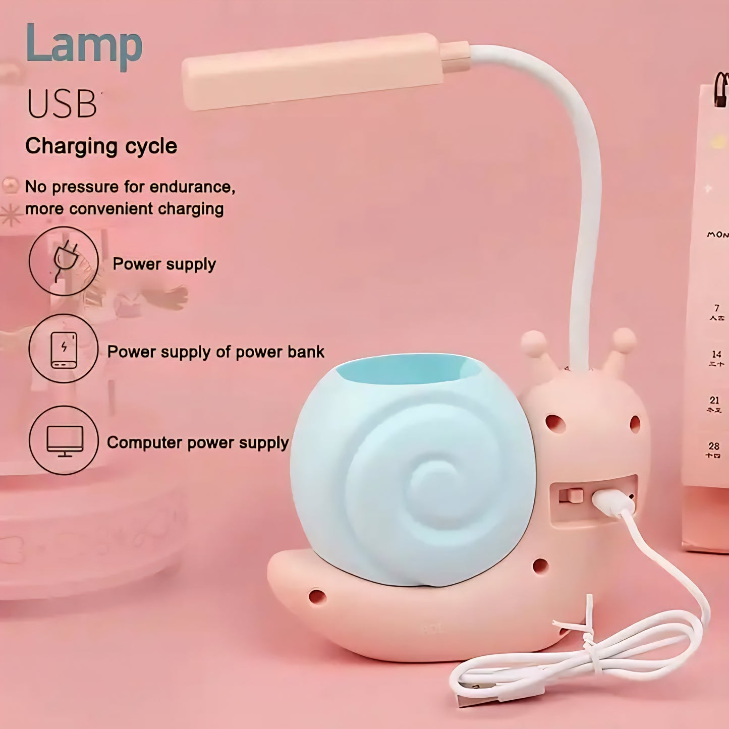 Brighten up your workspace with this adorable Cute Snail USB Charging Desk Lamp, designed to add a touch of whimsy and practicality to your desk. With its modern and simple style, this lamp serves not just as a light source but also as a charming pen holder, making it perfect for organizing your stationery while you work or study