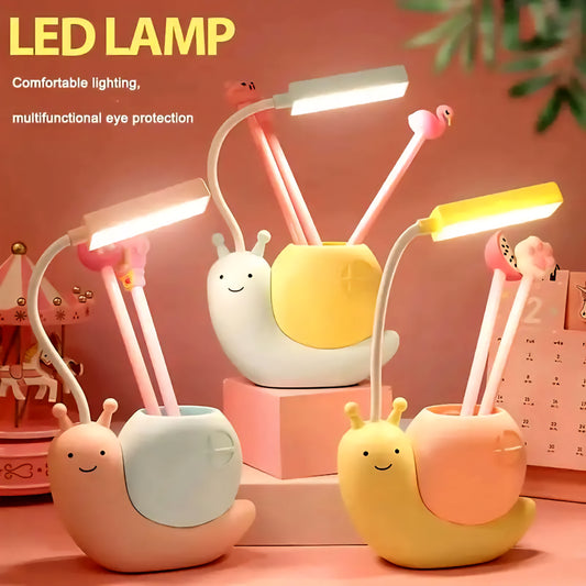 Brighten up your workspace with this adorable Cute Snail USB Charging Desk Lamp, designed to add a touch of whimsy and practicality to your desk. With its modern and simple style, this lamp serves not just as a light source but also as a charming pen holder, making it perfect for organizing your stationery while you work or study